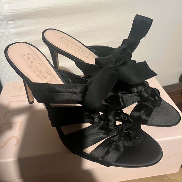 Womens Avec Les Filles Janelle Bow Tie Slip On Sandals, Black Satin W11 - Picture 1 of 5
